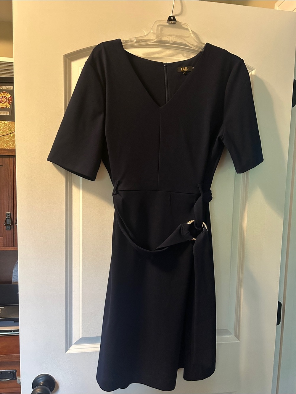 Leota Navy V-Neck Belted Dress with Short Sleeves